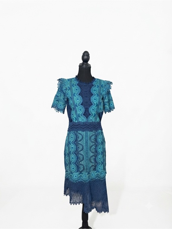 Sea New York Dresses & Skirts - Sea New York Teal Navy Lace Mini Dress Size 8 Crochet Asymmetrical Boho Cocktail